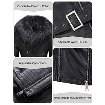 Bellivera Women's Faux Leather Short Jacket Moto Sherpa-Lined Belt Coat with Removable Fur Collar 9203 Black M