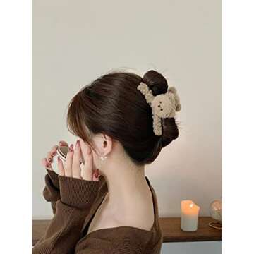 Cute Plush Bear 3 Pcs Hair Claw Clips for Women Girls Strong Hold