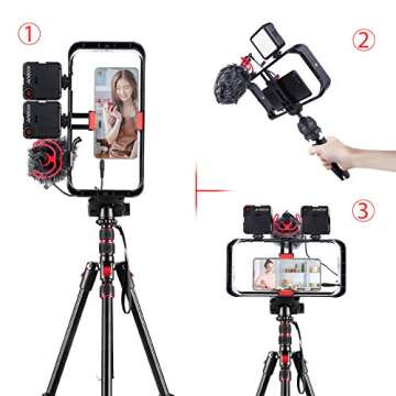 Andoer Smartphone Video Rig Kit Including Smartphone Cage with 3 Cold Shoe Mounts + 2pcs Mini LED Video Lights + Microphone with Shock Mount Wind Screen for Vlog Video Recording Live Streaming