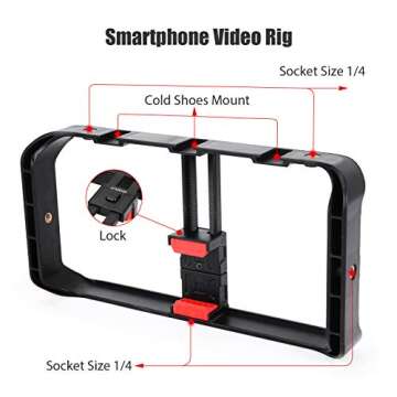 Andoer Smartphone Video Rig Kit Including Smartphone Cage with 3 Cold Shoe Mounts + 2pcs Mini LED Video Lights + Microphone with Shock Mount Wind Screen for Vlog Video Recording Live Streaming