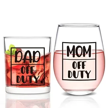 Futtumy New Parents Gifts for Couples, Mom & Dad Off Duty Stemless Wine Glass & Whiskey Glass, New P...