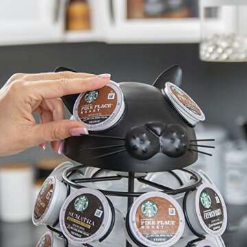 Made Easy Kit Carousel Coffee Pod Holder, Compatible with Keurig K-Pods K-Cups, Countertop Rack Storage Organizer, Metal Home and Kitchen Decor, Capsule Café Station Bar (Large, Black Cat)