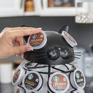 Made Easy Kit Carousel Coffee Pod Holder, Compatible with Keurig K-Pods K-Cups, Countertop Rack Storage Organizer, Metal Home and Kitchen Decor, Capsule Café Station Bar (Large, Black Cat)