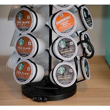 Made Easy Kit Carousel Coffee Pod Holder, Compatible with Keurig K-Pods K-Cups, Countertop Rack Storage Organizer, Metal Home and Kitchen Decor, Capsule Café Station Bar (Large, Black Cat)
