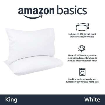 Amazon Basics 400 Thread Count Soft Cotton Pillow Case, King Size, 40" L x 20" W, Machine Washable, White - Set of 2, Pillows Not Included