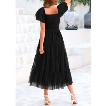 PRETTYGARDEN Women's Smocked Midi Tulle Dress 2025 Summer Puffy Short Sleeve Square Neck Ruffle Wedding Guest Party Dresses (Black,Medium)