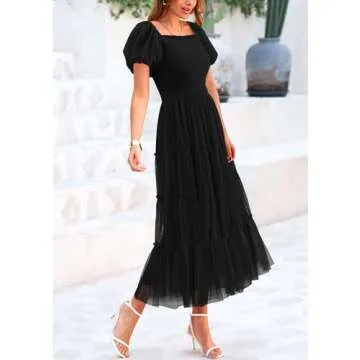 PRETTYGARDEN Women's Smocked Midi Tulle Dress 2025 Summer Puffy Short Sleeve Square Neck Ruffle Wedding Guest Party Dresses (Black,Medium)
