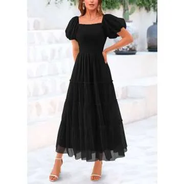 PRETTYGARDEN Women's Smocked Midi Tulle Dress 2025 Summer Puffy Short Sleeve Square Neck Ruffle Wedding Guest Party Dresses (Black,Medium)