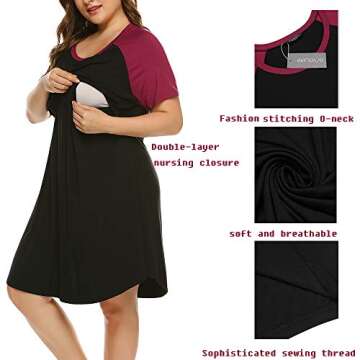 IN'VOLAND Women's Plus Size Maternity Nightgown Short Sleeve Sleepwear Maternity Nursing Nightgown (16W-24W) Black