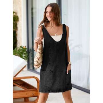 BerryGo Women's Denim V Neck Sleeveless Overall Dress – Casual Mini Pinafore with Pockets in Black