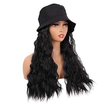 MapofBeauty 24 Inch /60 cm Hat Wig Women Beautiful Long Wavy Curly Synthetic Daily Use Wig (Black)