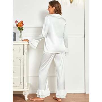 Verdusa Women's Satin Notch Collar Blouse and Ruffle Hem Pants PJ Set White L
