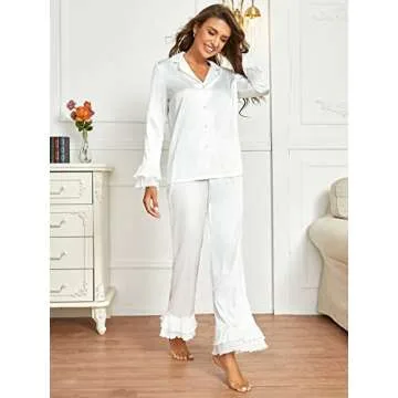 Verdusa Women's Satin Notch Collar Blouse and Ruffle Hem Pants PJ Set White L