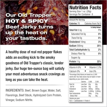 Old Trapper Beef Jerky, Hot & Spicy - 8 Ounce Gourmet Snack with 11g Protein