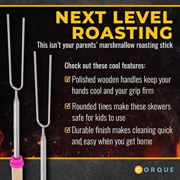 CORQUE Marshmallow Roasting Sticks, Smores Sticks, Extendable, Camping Skewer for Fire Pit, Wooden Handle, 32inch Metal for BBQ Hotdog, Cooking, Campfires, Bonfires, Set of 8