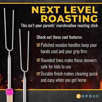 CORQUE Marshmallow Roasting Sticks, Smores Sticks, Extendable, Camping Skewer for Fire Pit, Wooden Handle, 32inch Metal for BBQ Hotdog, Cooking, Campfires, Bonfires, Set of 8