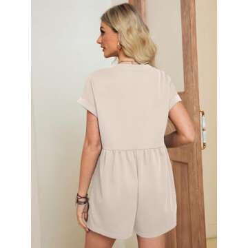 Glamaker Women's Summer Short Sleeve Romper Casual V Neck Wide Leg Short Jumpsuit Button Up One Piece Beach Rompers Outfits(Apricot M)