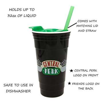 Silver Buffalo Friends Central Perk Logo Plastic Tumbler with Lid and Straw, 32 Ounces