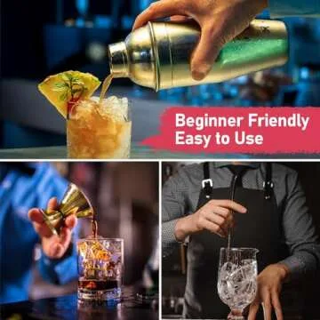 25oz Cocktail Shaker Set Martini Shaker Set Bartender Set with Margarita Mixer Drink Shaker, Measuring Jigger and Mixing Spoon - Professional 18/8 Stainless Steel Bar Tools for Mixed Drinks (Gold)