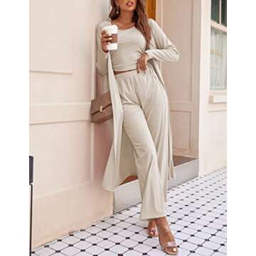 Ekouaer Women's 3 Piece Knit Lounge Set Pajama Long Sleeve Cardigan Sleeveless Top Pants SweatsuitCreamMedium