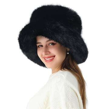 LA CARRIE Women's Fuzzy Wide Brim Faux Fur Bucket Hat Winter Warmer Fisherman Cap(Black)