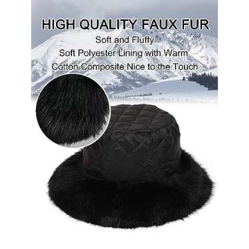 LA CARRIE Women's Fuzzy Wide Brim Faux Fur Bucket Hat Winter Warmer Fisherman Cap(Black)