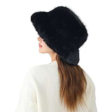 LA CARRIE Women's Fuzzy Wide Brim Faux Fur Bucket Hat Winter Warmer Fisherman Cap(Black)