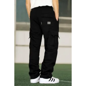 DREAM USA Men's Heavyweight Fleece Cargo Sweatpants, Black, Black, Size X-Large
