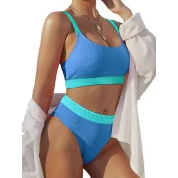 Lilosy High Waisted Tummy Control Bikini Ribbed Sporty Brazilian Swimsuit Set Women Highwaisted Cheeky Cut Leg Rise Bottom Crop Push Up Top 2 Piece Bathing Suit Tank Colorblock Blue Small