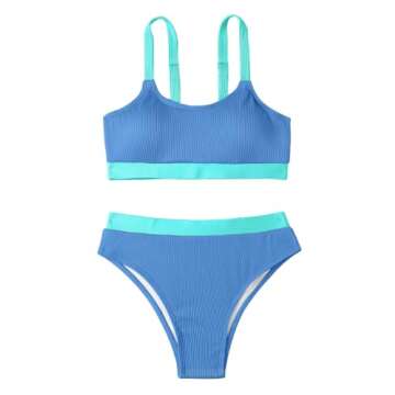 Lilosy High Waisted Tummy Control Bikini Ribbed Sporty Brazilian Swimsuit Set Women Highwaisted Cheeky Cut Leg Rise Bottom Crop Push Up Top 2 Piece Bathing Suit Tank Colorblock Blue Small