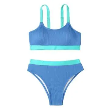 Lilosy High Waisted Tummy Control Bikini Ribbed Sporty Brazilian Swimsuit Set Women Highwaisted Cheeky Cut Leg Rise Bottom Crop Push Up Top 2 Piece Bathing Suit Tank Colorblock Blue Small
