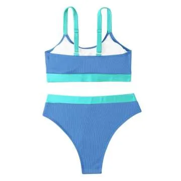 Lilosy High Waisted Tummy Control Bikini Ribbed Sporty Brazilian Swimsuit Set Women Highwaisted Cheeky Cut Leg Rise Bottom Crop Push Up Top 2 Piece Bathing Suit Tank Colorblock Blue Small