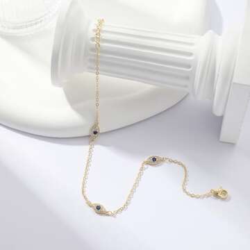 Rotnso Anklets for Women 14K Real Gold Plated Evil Eye Ankle Bracelets Trendy Waterproof Boho Chain Link Anklets Set Dainty Cute Diamond Beaded Non Tarnish Summer Beach Jewelry Gift