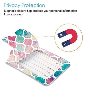 2 Pcs Luggage Tags, Fintie Privacy Cover ID Label with Stainless Steel Loop and Address Card for Travel Bag Suitcase, Moroccan Love