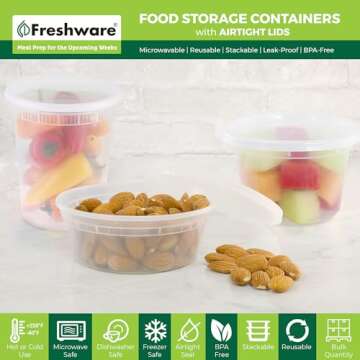 Freshware [60 Count] 8, 16, 32 oz, 20 sets each size Food Storage Containers with Lids,Plastic Deli Containers, Meal Prep Containers, Microwave and Freezer Safe,Stackable, Leakproof, BPA Free, Clear