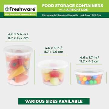 Freshware [60 Count] 8, 16, 32 oz, 20 sets each size Food Storage Containers with Lids,Plastic Deli Containers, Meal Prep Containers, Microwave and Freezer Safe,Stackable, Leakproof, BPA Free, Clear