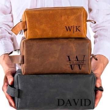Personalized Leather Toiletry Bag for Men - Shaving Dopp Kit with Name & Initial - 4 Canvas & 12 Des...