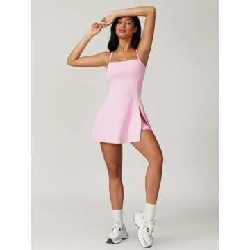 ABOCIW Athletic Dress for Women Spaghetti Strap Backless Side Slit Tennis Dress Square Neck Exercise Workout Golf Active Dress Pink Small