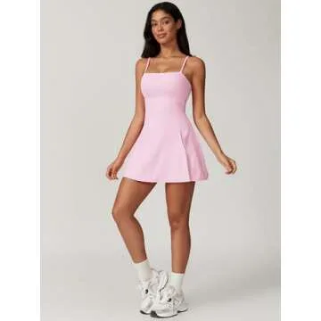 ABOCIW Athletic Dress for Women Spaghetti Strap Backless Side Slit Tennis Dress Square Neck Exercise Workout Golf Active Dress Pink Small
