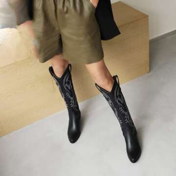 SO SIMPOK Womens Embroidered Pull On Cowboy Cowgirl Boots Block Chunky Heel Western Mid Calf Boots Riding Wedding Boots