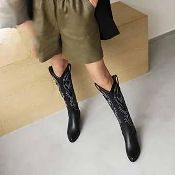 SO SIMPOK Womens Embroidered Pull On Cowboy Cowgirl Boots Block Chunky Heel Western Mid Calf Boots Riding Wedding Boots