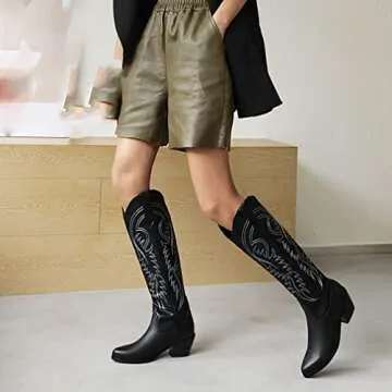 SO SIMPOK Womens Embroidered Pull On Cowboy Cowgirl Boots Block Chunky Heel Western Mid Calf Boots Riding Wedding Boots