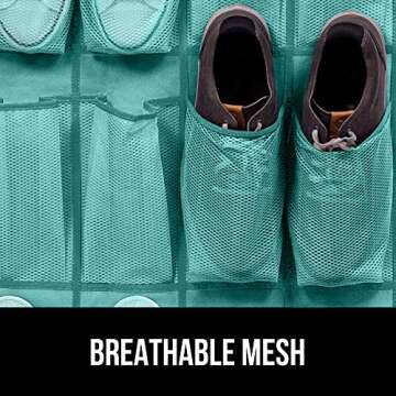 Gorilla Grip Over the Door Shoe Organizer, 24 Large Breathable Mesh Pockets, Space Saving Hanging Storage Holder, Closet Rack Hanger Holds Up to 40 lbs, Hangs on Closets, Shoes, Accessories, Turquoise