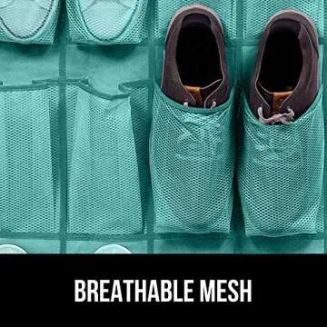 Gorilla Grip Over the Door Shoe Organizer, 24 Large Breathable Mesh Pockets, Space Saving Hanging Storage Holder, Closet Rack Hanger Holds Up to 40 lbs, Hangs on Closets, Shoes, Accessories, Turquoise