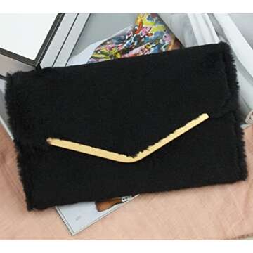 Autumnwell Black Faux Fur Clutch Purse Evening Bag for Women，Envelope Handbag With Detachable Chai...