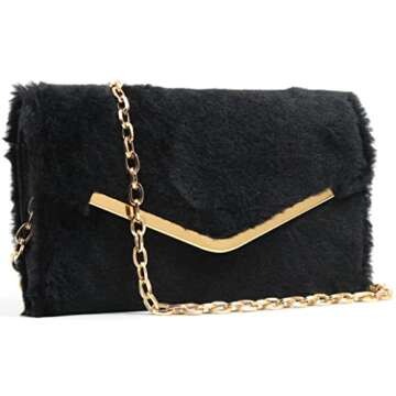 Autumnwell Black Faux Fur Clutch Purse Evening Bag for Women，Envelope Handbag With Detachable Chain for Wedding and Party
