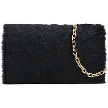 Autumnwell Black Faux Fur Clutch Purse Evening Bag for Women，Envelope Handbag With Detachable Chain for Wedding and Party