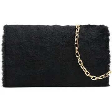 Autumnwell Black Faux Fur Clutch Purse Evening Bag for Women，Envelope Handbag With Detachable Chain for Wedding and Party