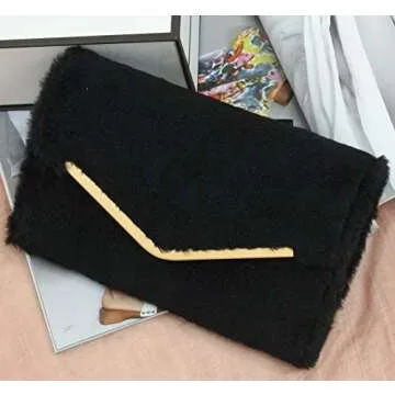 Autumnwell Black Faux Fur Clutch Purse Evening Bag for Women，Envelope Handbag With Detachable Chain for Wedding and Party