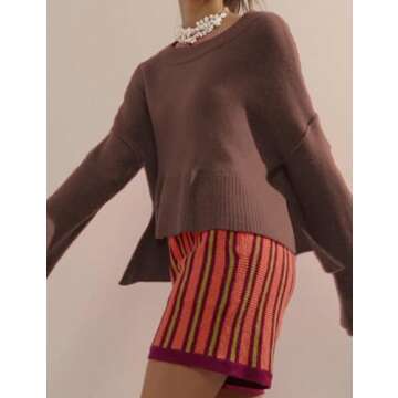 RIATOUR Sweaters for Women Bell Long Sleeve Crewneck Side Slit Fall Winter Casual Oversized Pullover Knit Sweater Top (Brown-S)